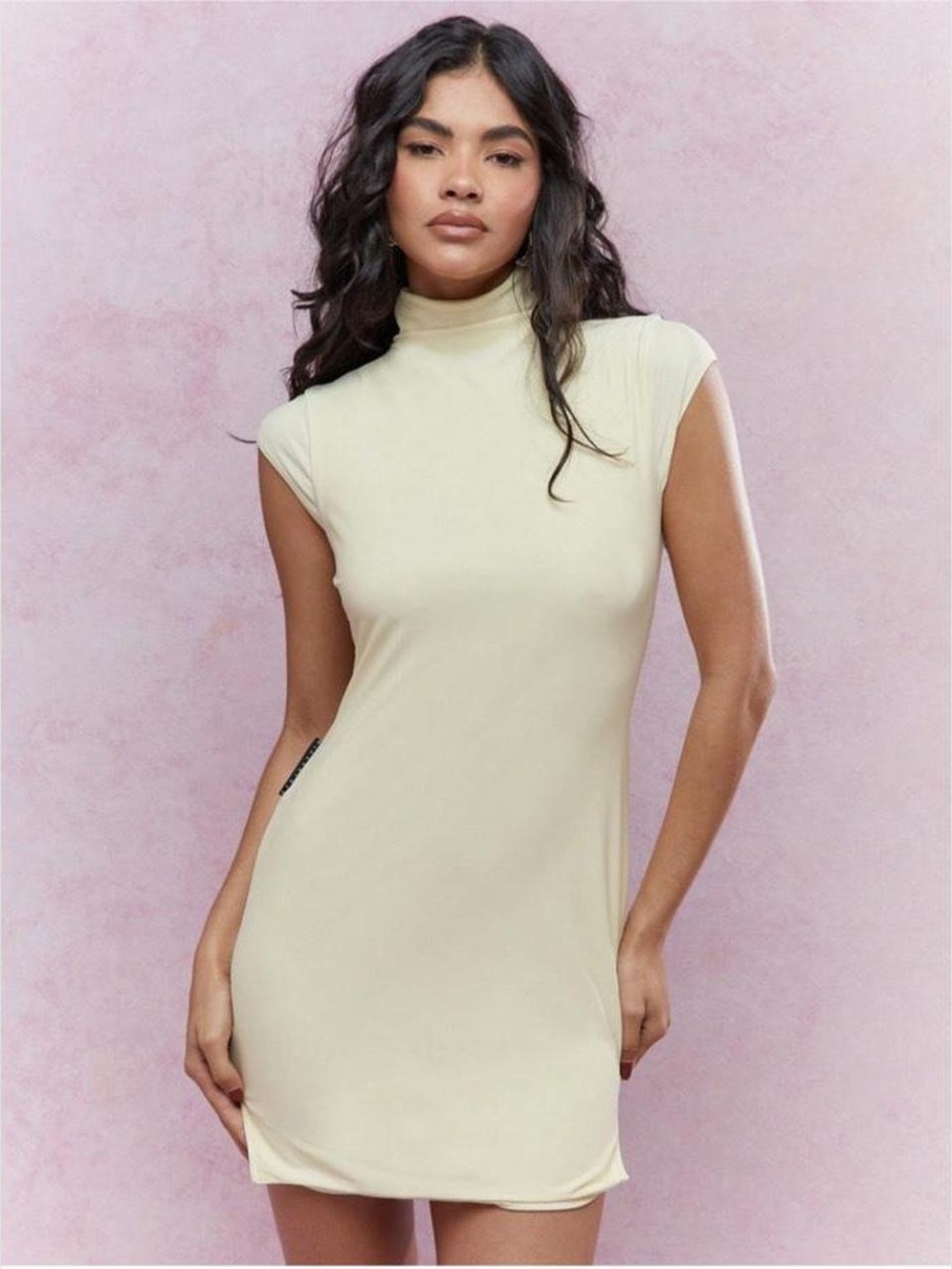 Short Sleeve High/Mock Neck Mini Dress Butter Yellow